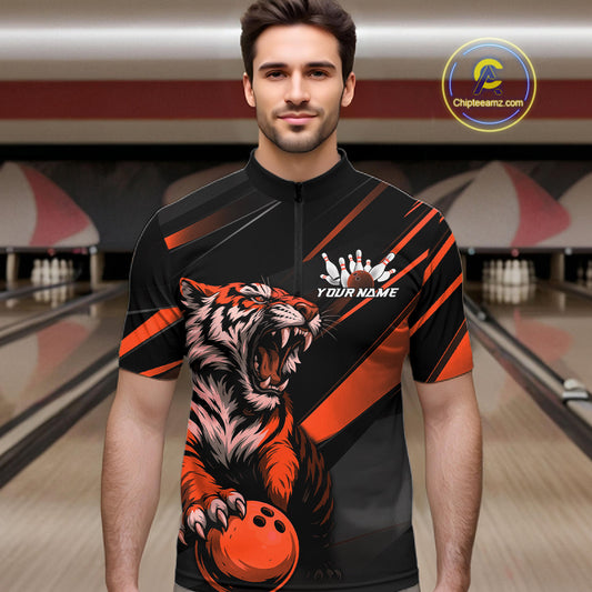 Custom Black And Orange Tiger Bowling Team Men Shirt, Bowling League Shirt Bowler Uniform IPHW10776