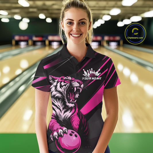 Custom Black And Pink Tiger Bowling Team Women Shirt, Bowling League Shirt Bowler Uniform IPHW10777