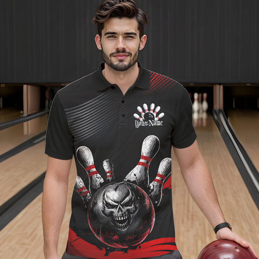 Custom Black And Red Grunge Style Skull Bowling Polo Shirts For Men, Bowling Team Uniform IPHW8907