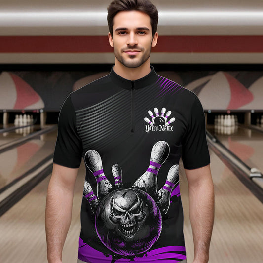 Custom Black And Purple Grunge Style Skull Bowling Quarter-Zip Shirts For Men, Bowling Team Uniform IPHW8909