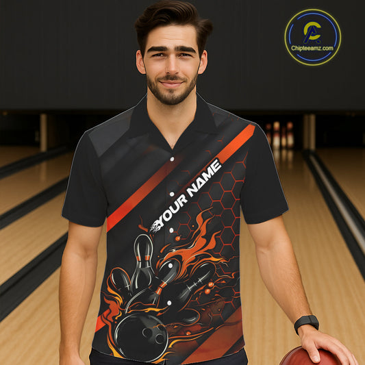 Custom Black And Orange Flame Bowling Hawaiian Shirts For Men, Bowling Team Bowling League Shirts IPHW7508