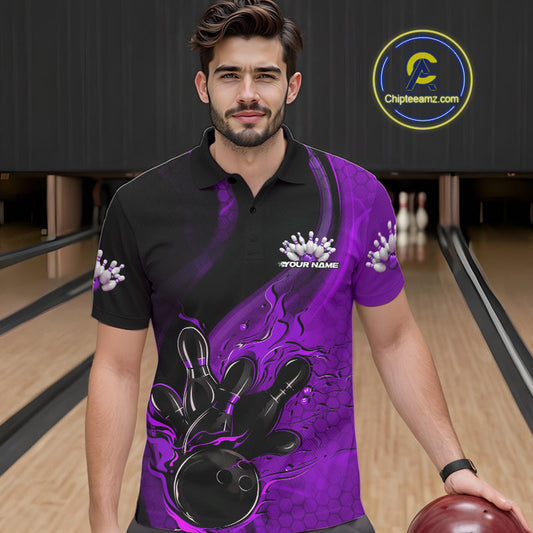 Custom Black And Purple Flame Bowling Polo Shirt For Men, Bowling Team League Shirt IPHW9874