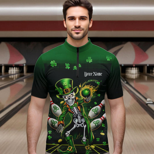 Custom St Patricks Day Leprechaun Skull Bowling Team Quarter-Zip Shirts, Bowling Tournament Outfits IPHW8604