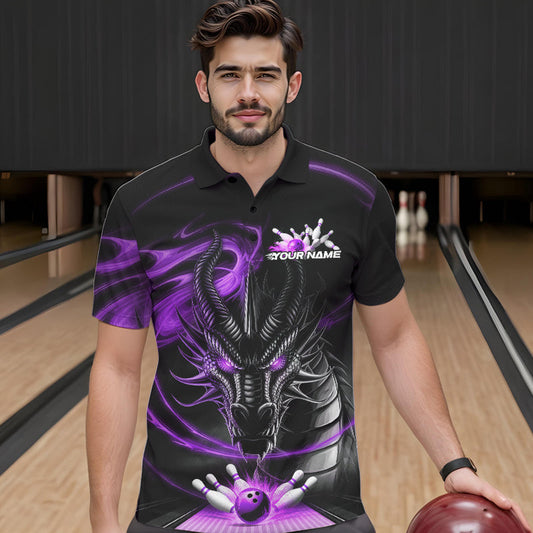 Custom Black And Purple Flame Dragon Bowling Team Men Polo Shirts, Bowling League Shirt IPHW8912