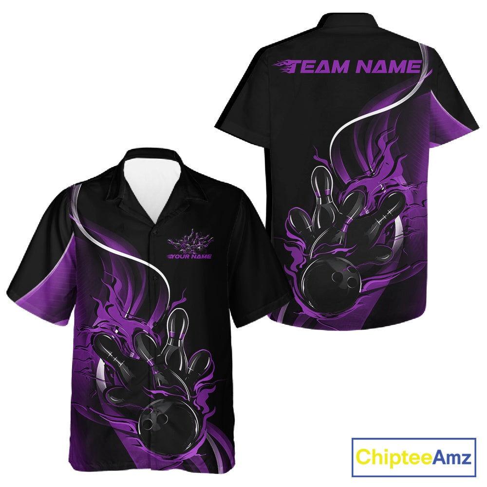 Front and back view of a black and purple button-up bowling shirt mockup showcasing flame bowling ball and pins artwork with dynamic bowling styling.