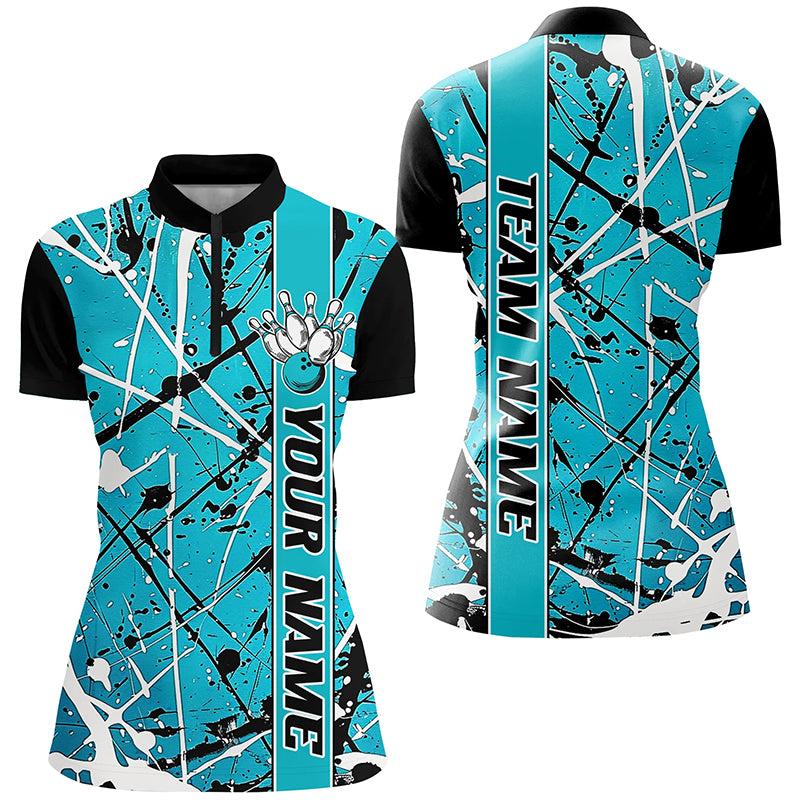 Blue Camo Custom Bowling Team Shirts For Women, Bowling Tournament Jerseys For Bowlers IPHW6614
