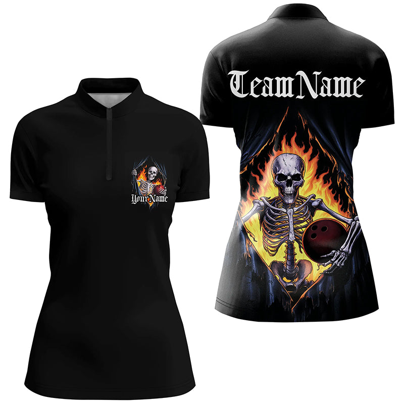 Custom Skull Bowling Polo Quarter Zip Shirts For Women, Skeleton Ladies Bowling Shirts IPHW6805