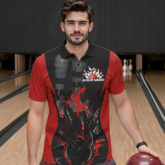 Custom Black And Red Flame Bowling Polo Shirts For Men, Fire Bowling League Shirt IPHW8619