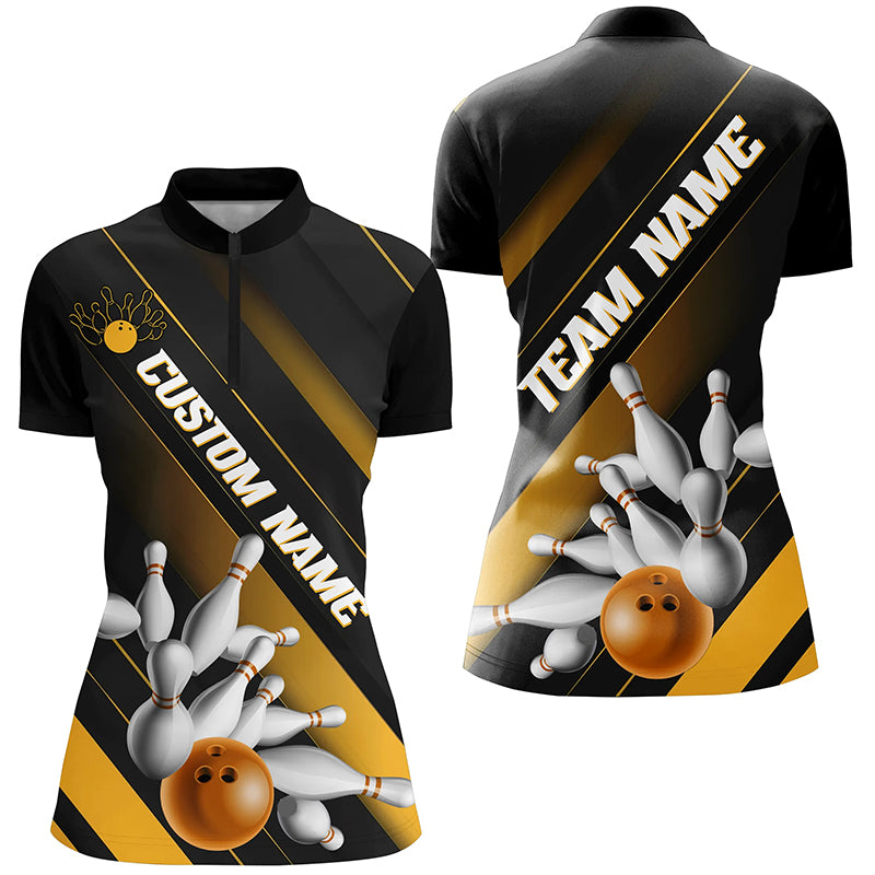 Black And Gold Custom Bowling Team Shirts For Women, Bowling Ball And Pins Shirt IPHW6445