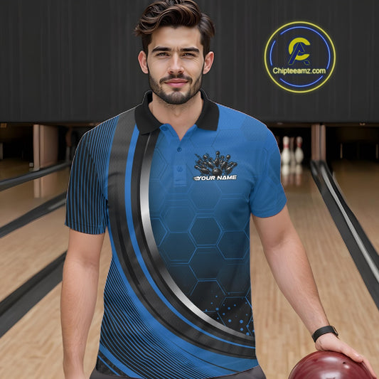 Male model in a bowling lane wearing a black and blue polo shirt with honeycomb texture and a flaming bowling strike illustration.