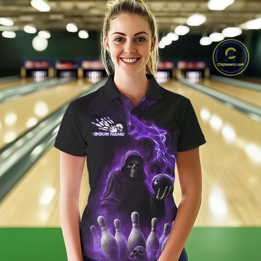 Custom Purple Flame Grim Reaper Bowling Women Polo Shirts, Halloween Bowler Outfit IPHW9737