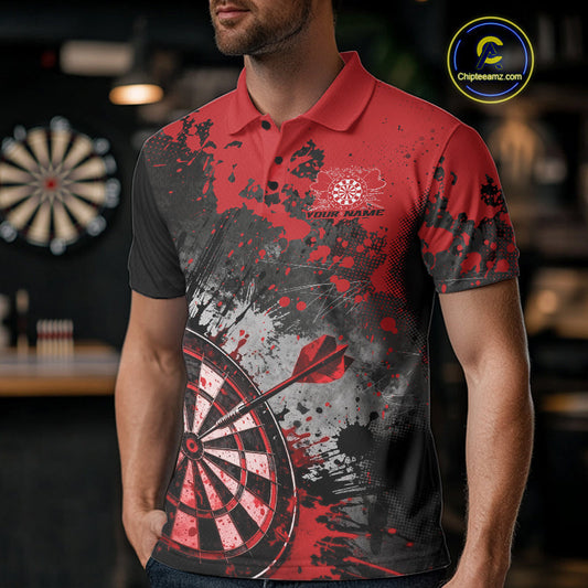 Custom Black And Red Splatter Dart Men Polo Shirt, Grunge Style Dart Team Jerseys IPHW10053