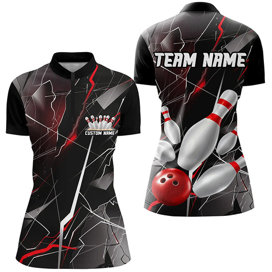 Red Thunder Lightning Custom Bowling Team Shirts For Women, Strike Bowling Jerseys IPHW6466