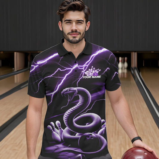 Custom Black And Purple Thunder Lightning Snake Bowling Polo Shirts For Men, Team Outfits IPHW8648