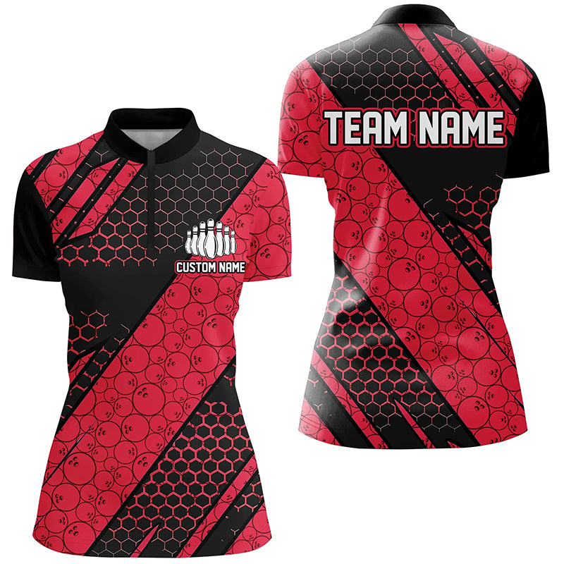 Bowling Ball Pattern Custom Bowling Team Jerseys, Bowlers Shirts For Women | Red IPHW6476