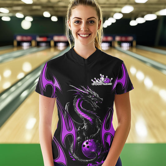 Custom Black And Purple Flame Dragon Bowling Tournament Womens Quarter-Zip Shirts IPHW8657