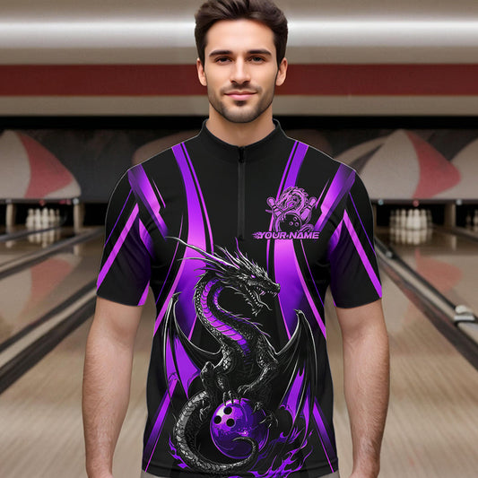 Custom Purple Dragon Bowling Jerseys, Dragon Bowling Men Quarter-Zip Shirts Bowling League Shirt IPHW8928