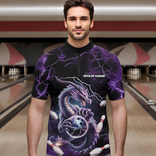 Custom Black And Purple Thunder Lightning Dragon Bowling Team Quarter-Zip Shirts For Men IPHW8678
