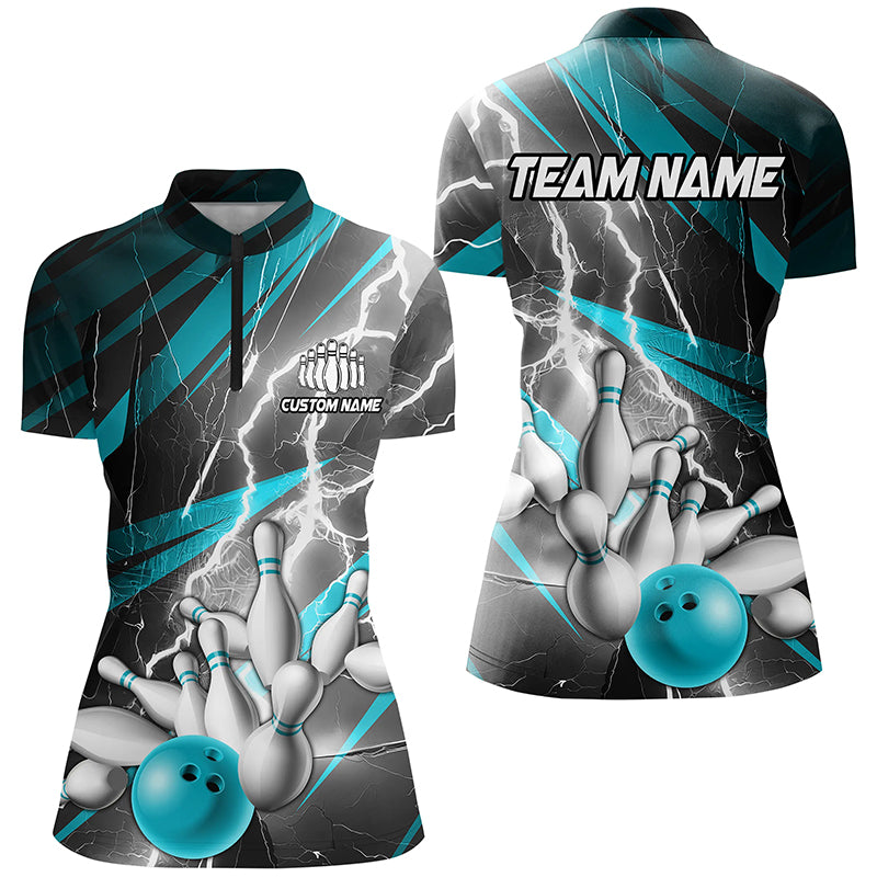 Blue Lightning Strike Custom Bowling Quarter Zip Shirts For Women,Ladies Bowling Shirts IPHW6853
