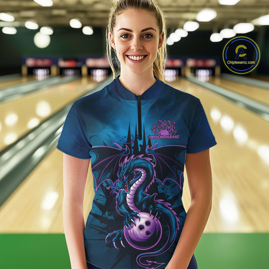 Custom Blue And Purple Dragon Bowling Women Quarter-Zip Shirt, Dragon League Team Shirt IPHW9533
