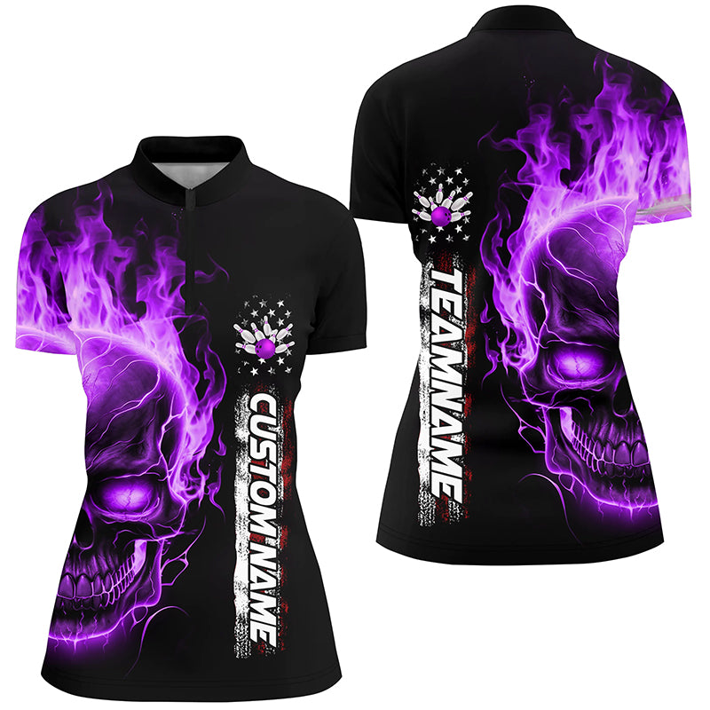 Flame Skull American Flag Custom Team Bowling Shirts For Women, Patriotic Bowling Shirt IPHW5147