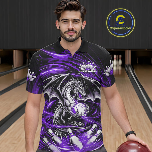 Custom Black And Purple Fire Flame Dragon Bowling Jerseys Bowling Team Men Polo Shirt IPHW10295