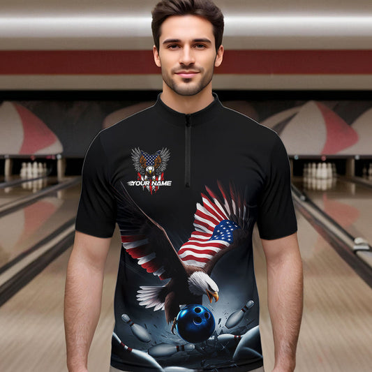 Custom American Flag Eagle Bowling Team Men Quarter-Zip Shirts, Patriotic US Bowling League Shirt IPHW8937