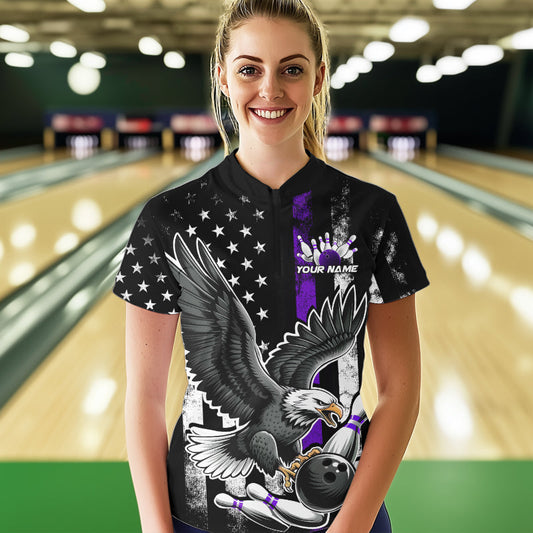 Custom Purple Line American Flag Eagle Bowling Women Quarter-Zip Shirt, Patriotic Bowling IPHW8940