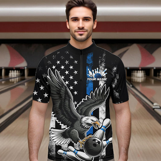 Custom Blue Line American Flag Eagle Bowling Men Quarter-Zip Shirt, Patriotic US Bowling Shirt IPHW8941