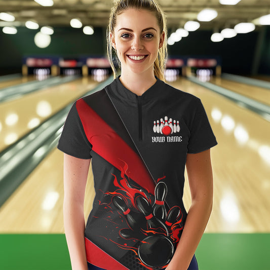 Custom Black And Red Flame Duckpin Bowling Women Quarter-Zip Shirts, Tournament Outfit IPHW8945