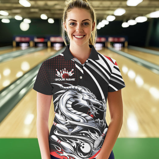 Custom Black And Red Dragon Bowling Team Polo Shirts For Women, Dragon Bowling Jerseys IPHW8705
