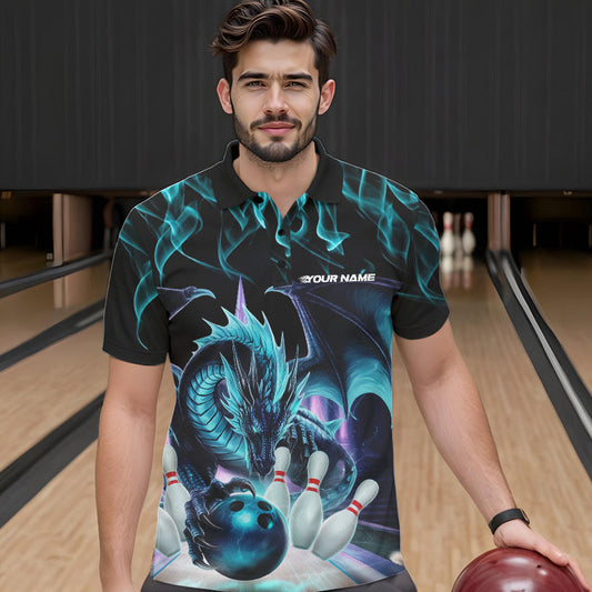 Custom Blue Flame Dragon Bowling Polo Shirts For Men, Dragon Bowling Team Jerseys IPHW8959