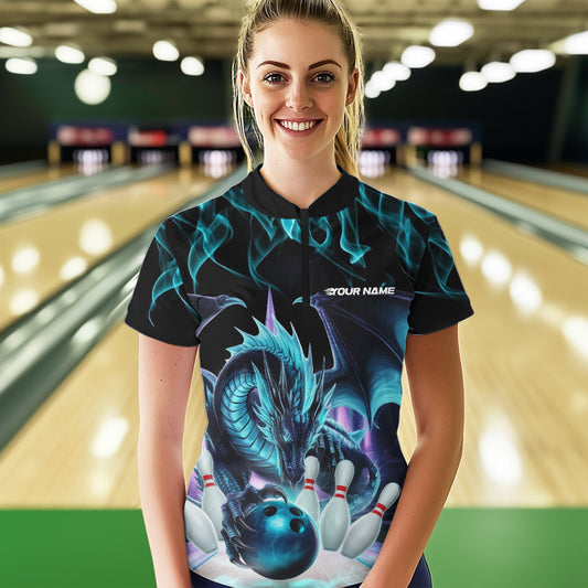 Custom Blue Flame Dragon Bowling Quarter-Zip Shirts For Women, Dragon Bowling Team Jerseys IPHW8959