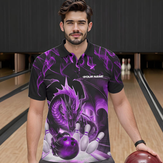 Custom Purple Flame Dragon Bowling Polo Shirts For Men, Dragon Bowling Team Jerseys IPHW8961