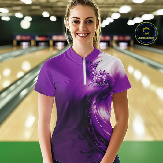 Custom Purple Butterfly Bowling Women Quarter-Zip Shirt, Ladies Bowling Team Outfits IPHW11354