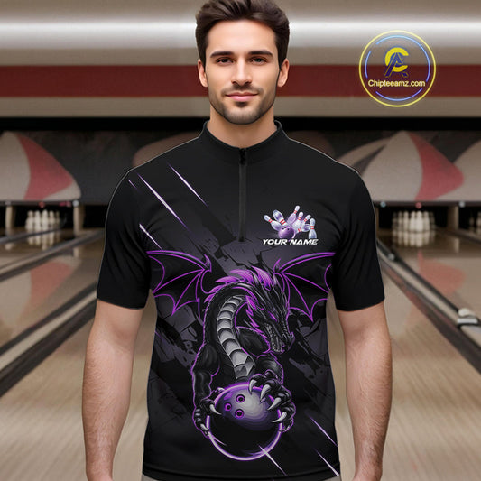 Custom Glowing Purple Dragon Bowling Team Quarter-Zip Shirts For Men, Dragon Bowling Jerseys IPHW9539