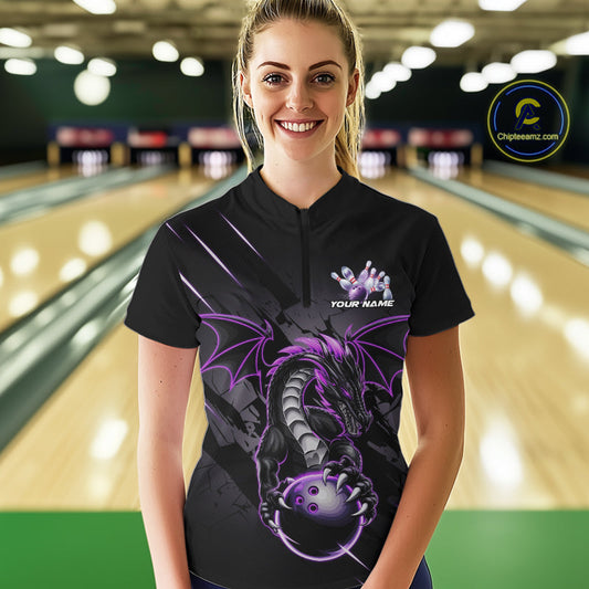 Custom Glowing Purple Dragon Bowling Team Women Quarter-Zip Shirt, Dragon Bowling Jerseys IPHW9539