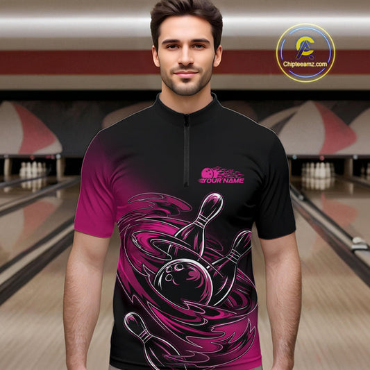 Custom Black And Pink Flame Bowling Quarter-Zip Shirts For Men, Team Bowling League Shirt IPHW9777