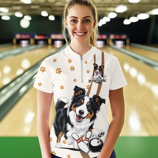 Custom Funny Border Collie Dog Bowling Women Quarter-Zip Shirt, Dog Paw Bowler Outfit IPHW8974