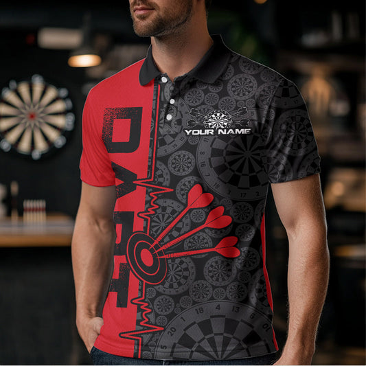Custom Black And Red Dart Jerseys, Dartboad Pattern Grunge Dart Team Polo Shirts For Men IPHW8511