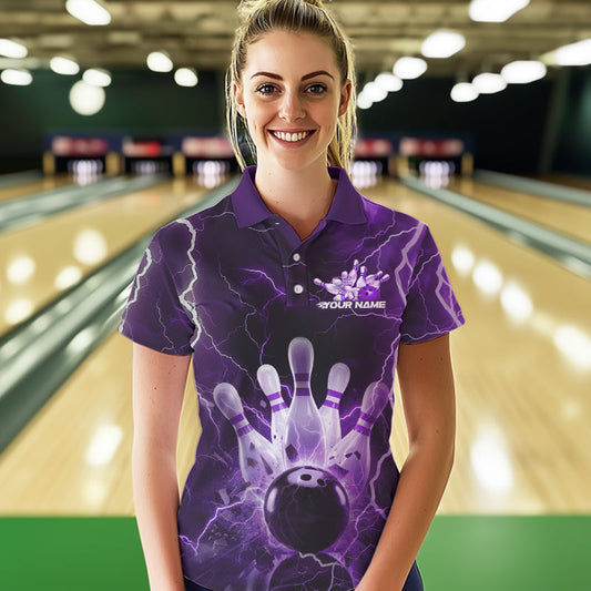Custom Black And Purple Thunder Lightning Bowling Polo Shirts For Women, Bowling Jerseys IPHW8515