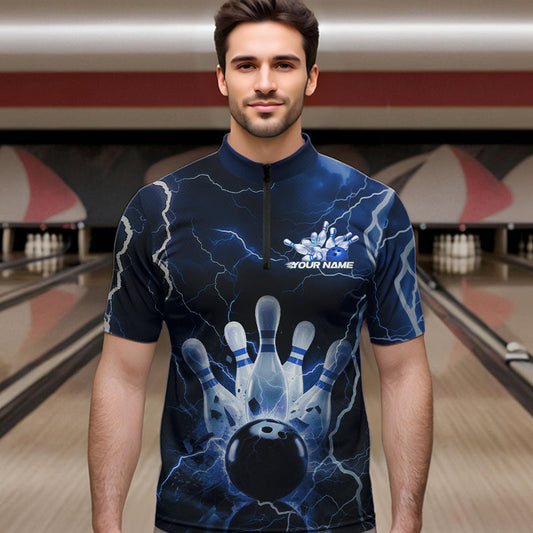 Custom Black And Blue Thunder Lightning Bowling Quarter-Zip Team Shirts For Men, Bowling Jerseys IPHW8516