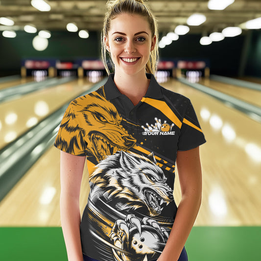 Custom Black And Yellow Wolf Bowling Women Polo Shirts, Wolf Bowling League Team Shirt IPHW8716