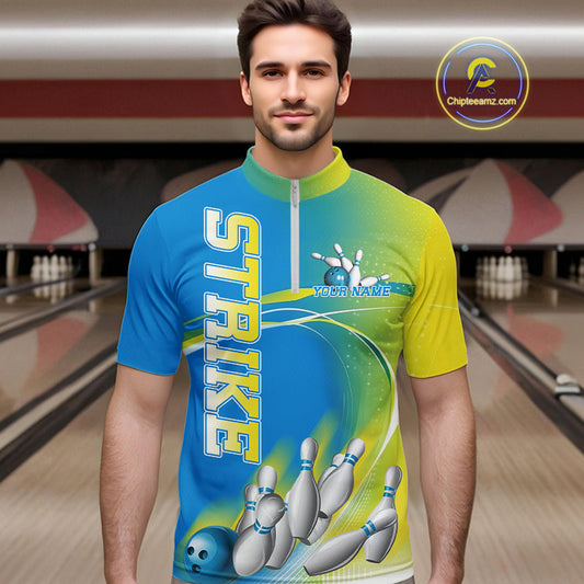Custom Blue And Yellow Strike Bowling Quarter-Zip Shirts For Men, Strike Bowling Team Jersey IPHW9233