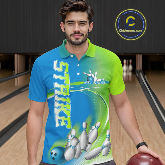 Custom Blue And Green Strike Bowling Polo Shirts For Men, Strike Bowling Team Jersey IPHW9234