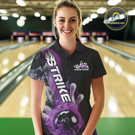 Custom Purple Flame Strike Bowling Team Polo Shirts For Women, Fire Bowling Jerseys IPHW9571