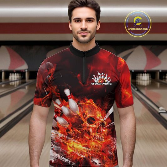 Custom Fire Flame Skull Bowling Quarter-Zip Shirts For Men, Halloween Bowling Outfits IPHW9575