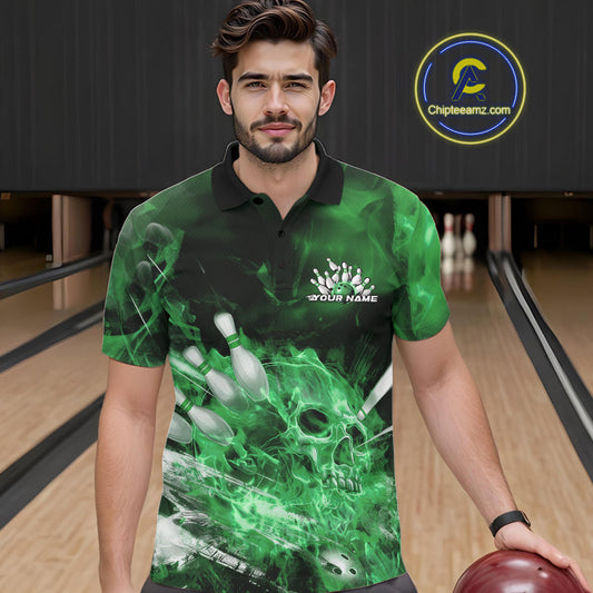 Custom Green Fire Flame Skull Bowling Polo Shirts For Men, Halloween Bowling Outfits IPHW9577