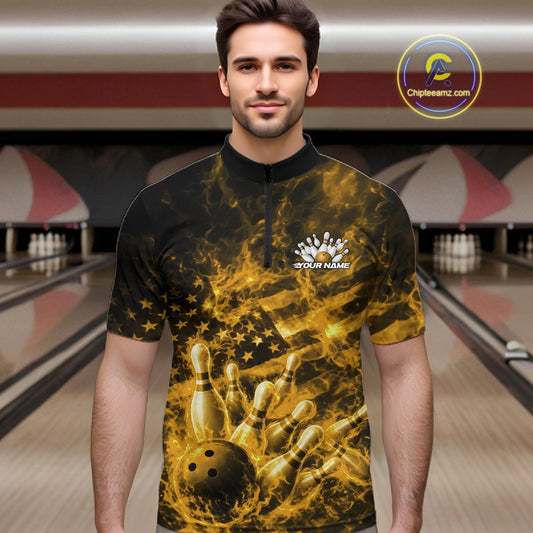 Male model wearing a black and yellow quarter-zip at the bowling lane with fiery bowling action artwork and flag-inspired accents.