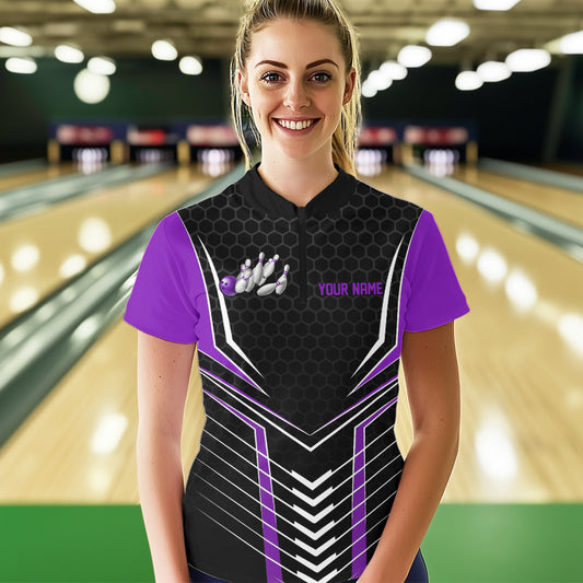 Custom Black And Purple Eagle Bowling Jerseys, Bowling Team Women Quarter-Zip Shirts IPHW8749